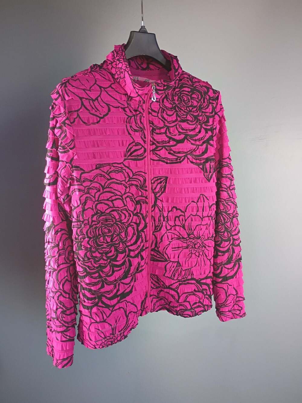 Erin London Women's Pink and Black Floral Ruffle Full-Zip Jacket
